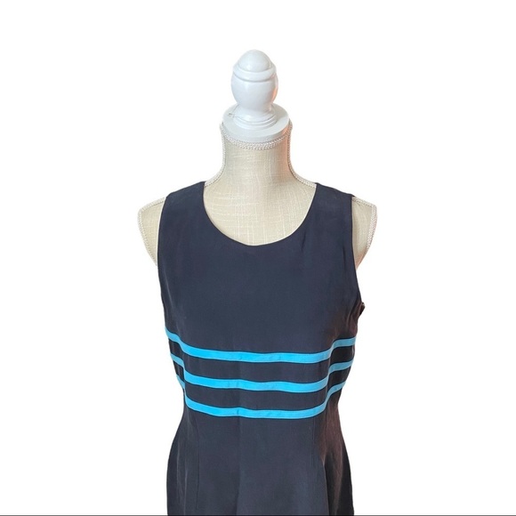 Design by Pat Argenti Navy Blue & Periwinkle Stripes 100% Silk Maxi Dress 10 NWT - Picture 2 of 11